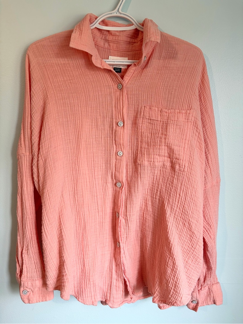 American Eagle Gauze Button-Up Shirt in Peachy Pink - Size XS but Oversized